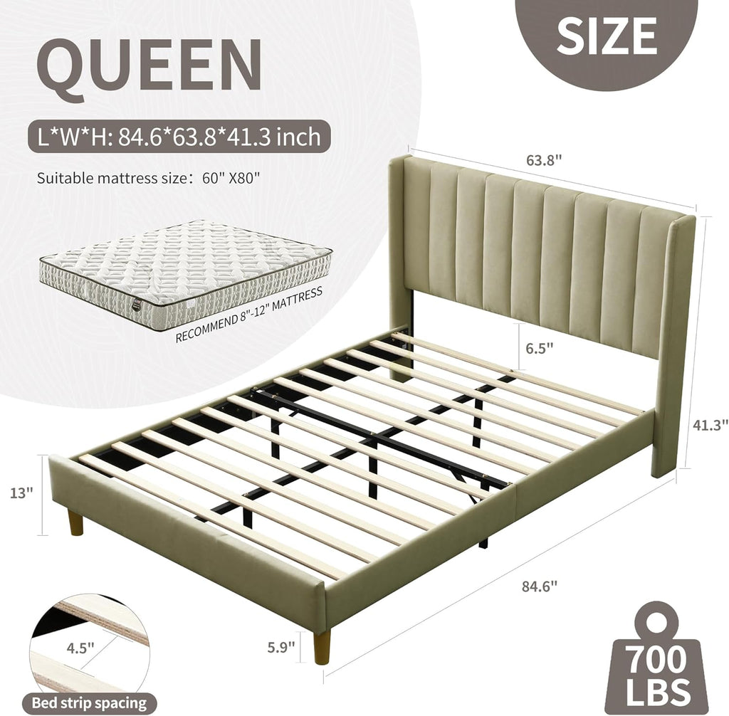 upholstered Platform Bed Frame/Queen Bed Frame/Modern Geometric Double-Wing Design headboard/Linen Fabric/Easy to Assemble no Noise (Beige, Queen (U.S. Standard))