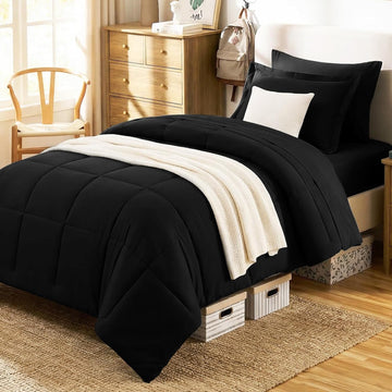 Full Comforter Sets, 7-Piece Bed in a Bag, Black
