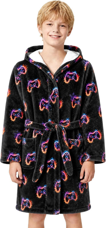 Boys Fleece Robe Kids Hooded Bathrobe Soft Loungewear Warm Sleepwear
