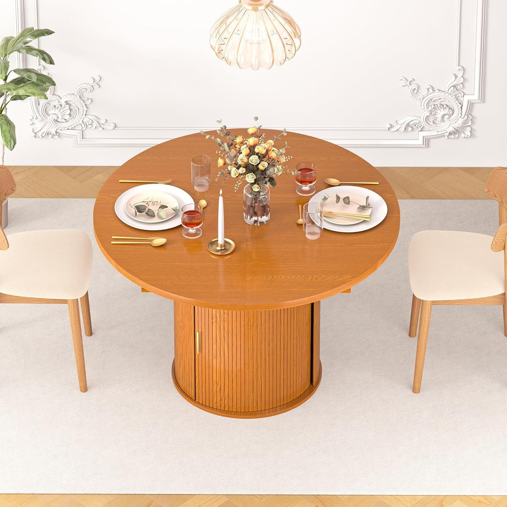 Extendable Round Dining Table: 47″ - 63″ Kitchen Table for 4 6 8 with Dust-Proof 2-Tier Storage Shelf Space Saving