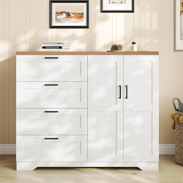 Multifunctional Wooden Dresser, 43.3 in H 2 Door Wardrobe Armoire Closet with 4 Drawers and Hanging Rod, Low Storage
