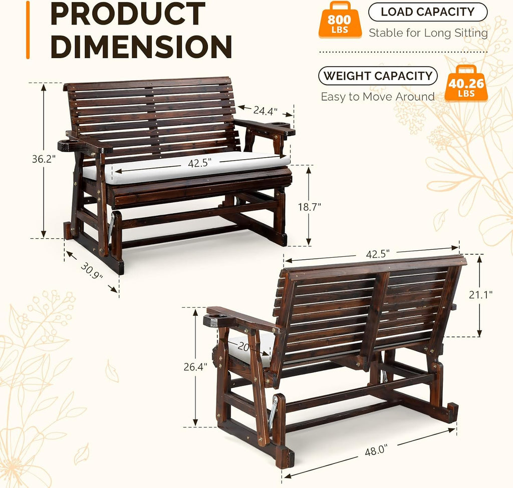 Wooden Patio Glider with Cushion, Heavy Duty 800 LBS Outdoor Glider with Cup Holders, 4 FT Wooden Glider Bench with