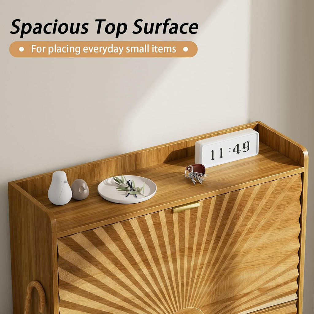 Two-Layer Shoe Cabinet with Two Flip Drawers,Wooden Thin Shoe Cabinet with Metal Handles and Metal Legs,Anti-Dump