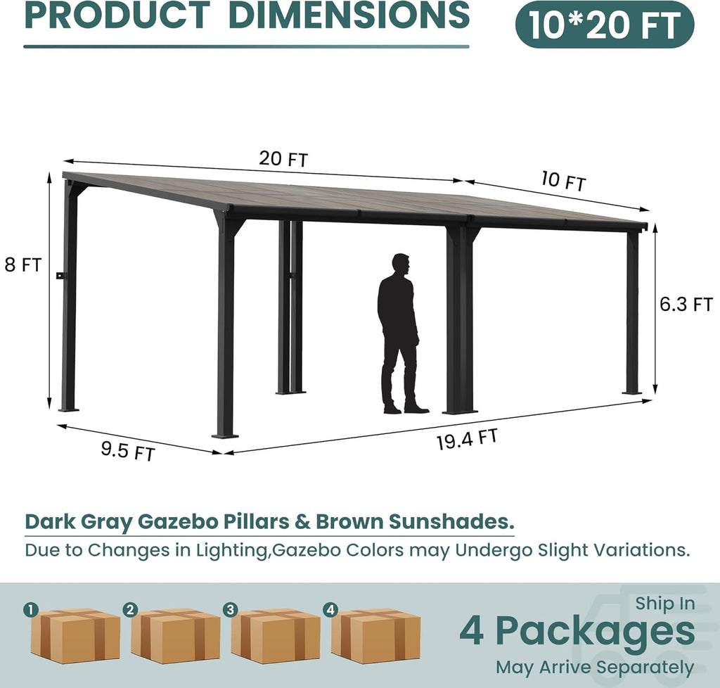 10 * 20FT Pergola,4 * 7 Inch Thickened Pillars & Enlarged Base,Outdoor Hardtop Lean to Gazebo,Wall Mounted