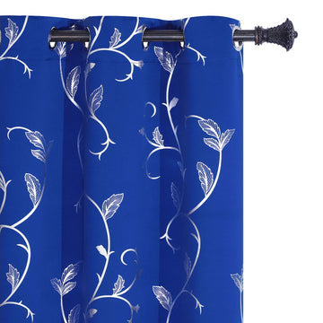 Living Room Blue Blackout Window Curtains Silver Beautiful Flower Print Room Darkening Curtains 38W×84L Royal Blue
