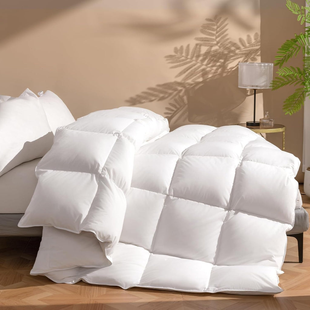 Luxury King Down Comforter, 50% Real Down Filled, Ultra-Soft Cotton Blend, Medium Weight for All Sea