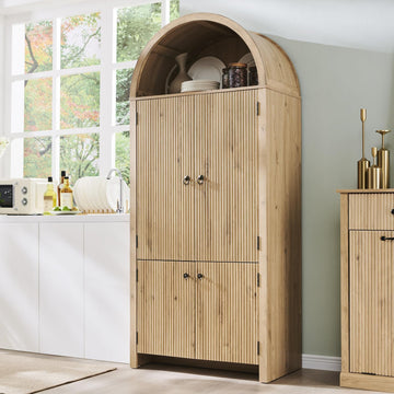 71" Tall Arched Kitchen Pantry, Modern Fluted Wood Storage Cabinet with Doors, 3 Adjustable Shelves, 6 Door Shelves