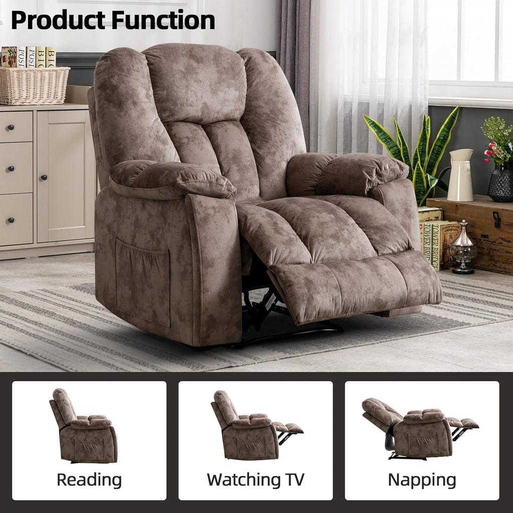 Manual Reclining Chair-Overstuffed Recliner Chair with Cup Holder Side Pocket Footrest Fabric Recliners Bedroom