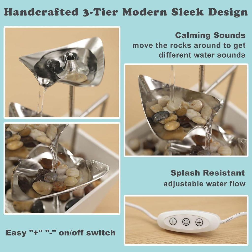 Tabletop Water Fountain Indoor - Handcrafted 3-Tier Waterfall 304 Metal Easy "+" "-" On/Off Switch, Quiet Pump, Zen