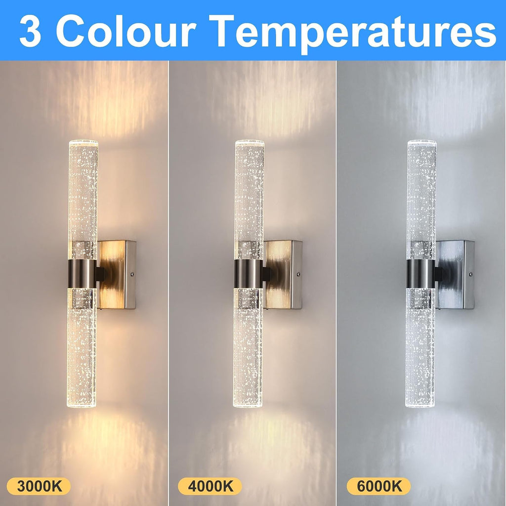 Modern Wall Sconces Set of Two, 3CCT Crystal Bathroom Sconces Wall Light, Brushed Nickel Vanity Light Fixture, Sconce