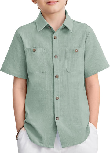 Boys Chambray Button Down Shirt Cotton Short Sleeve Shirt