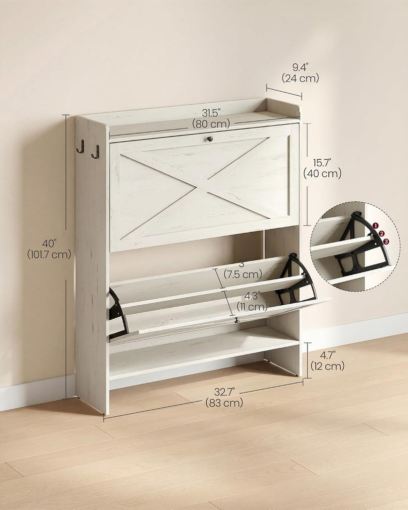Shoe Storage Cabinet Organizer with 2 Flip Drawers, Freestanding Narrow Shoe Rack Cabinet , Farmhouse Style, Fits 14