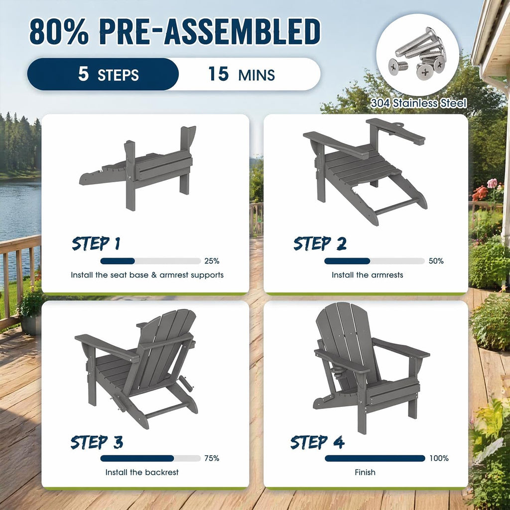 Folding Adirondack Chair, HDPE Outdoor Patio Chair with Cup Holder | Foldable design, weather-resistant HDPE