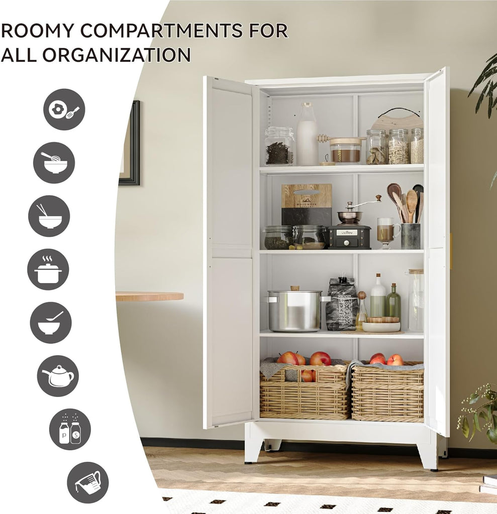 61" Metal Pantry Cabinet with Adjustable Shelves, White Storage Cabinet with Doors and Shelves, Sturdy Freestanding