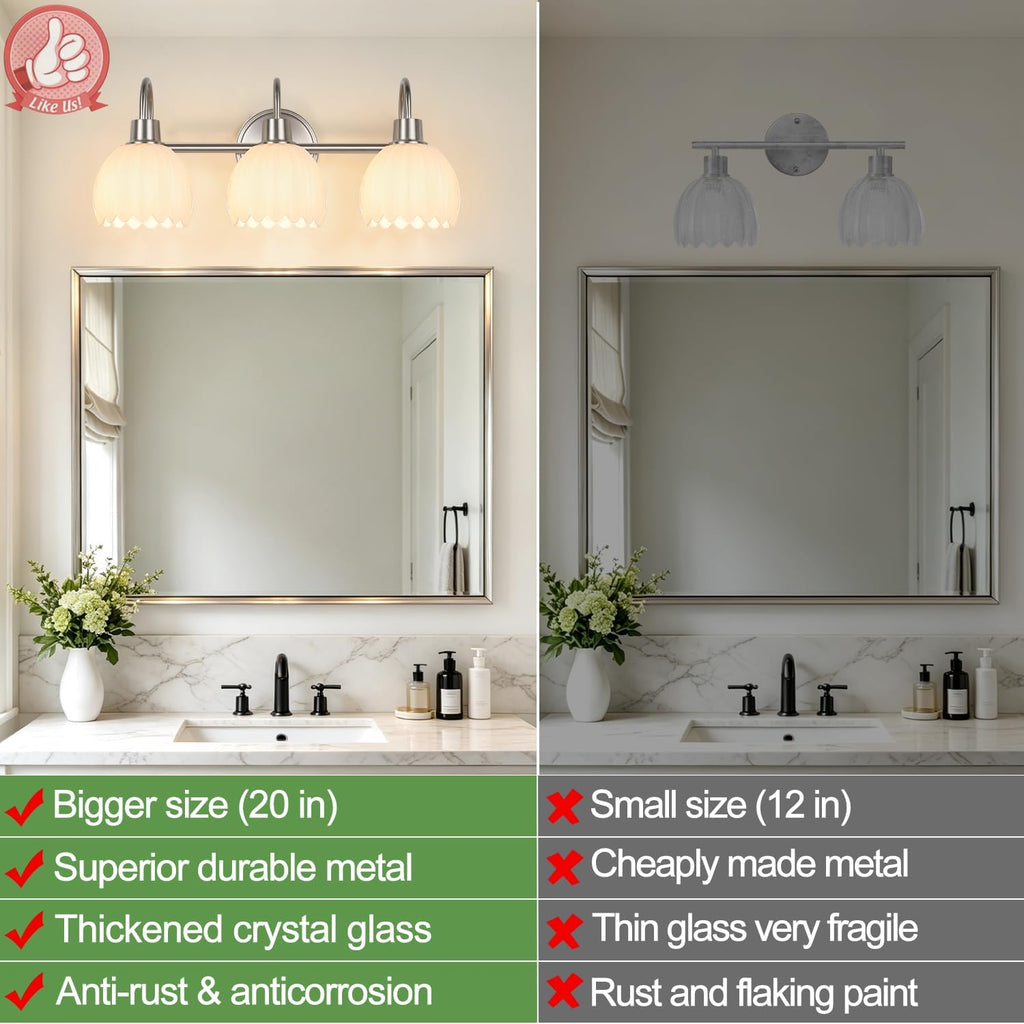 Bathroom Light Fixtures, 3-Light Brushed Nickel Bathroom Vanity Light Over Mirror with White Tulip Glass Shades