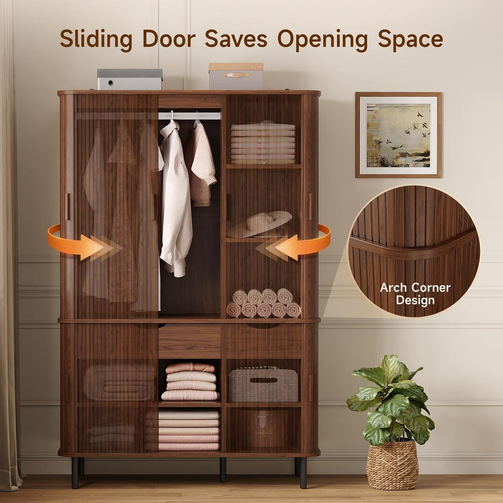 Armoire Wardrobe Closet with Sliding Doors, 71" Bedroom Armoires, Walnut | with 2 Drawers, with Hanging Rod and