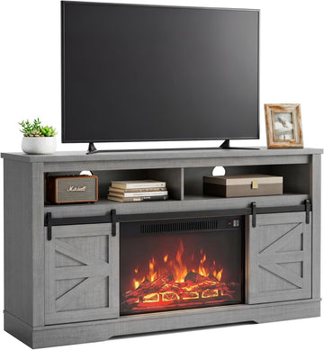 Fireplace TV Stand for Television up to 65+ Inch with Storage and Farmhouse Sliding Barn Doors, Entertainment Center