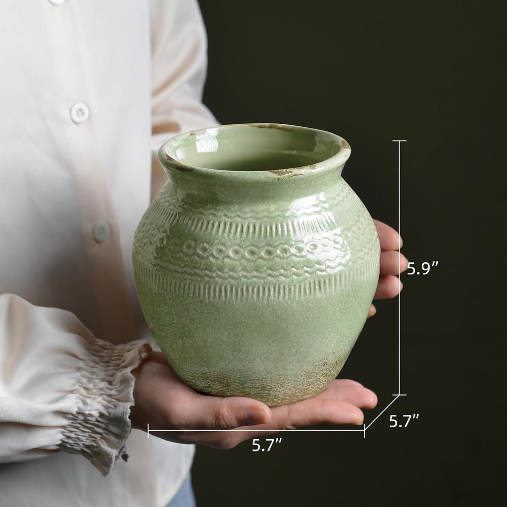 Ceramic Rustic Farmhouse Vase, Green Distressed Flower Vase