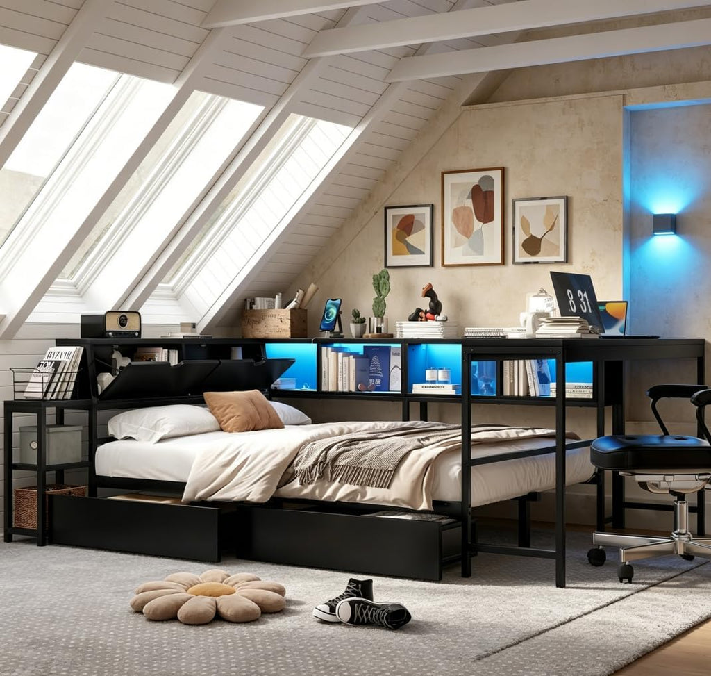 Twin Corner Bed Frame with Desk and Storage, Twin Size cornner Bed with Charging Station and LED Light, Wood Daybeds