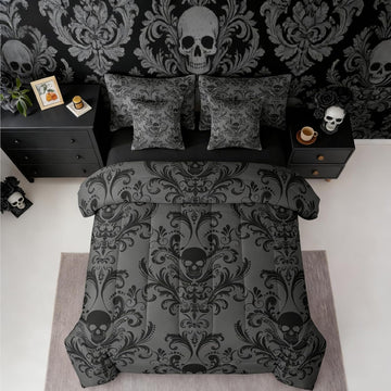 Gothic Damask Bed in a Bag King Comforter Set 7 Pieces,Sugar Skull Bedding Sets Black Grey Victorian Floral Goth - Set of 7
