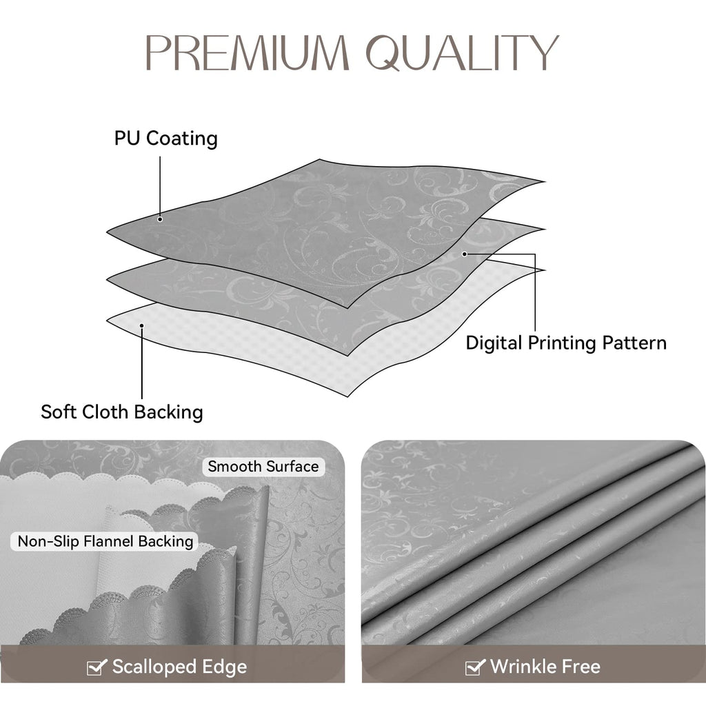 Waterproof Vinyl Tablecloth Rectangle, 54 x 78 Inch, Flower Grey
