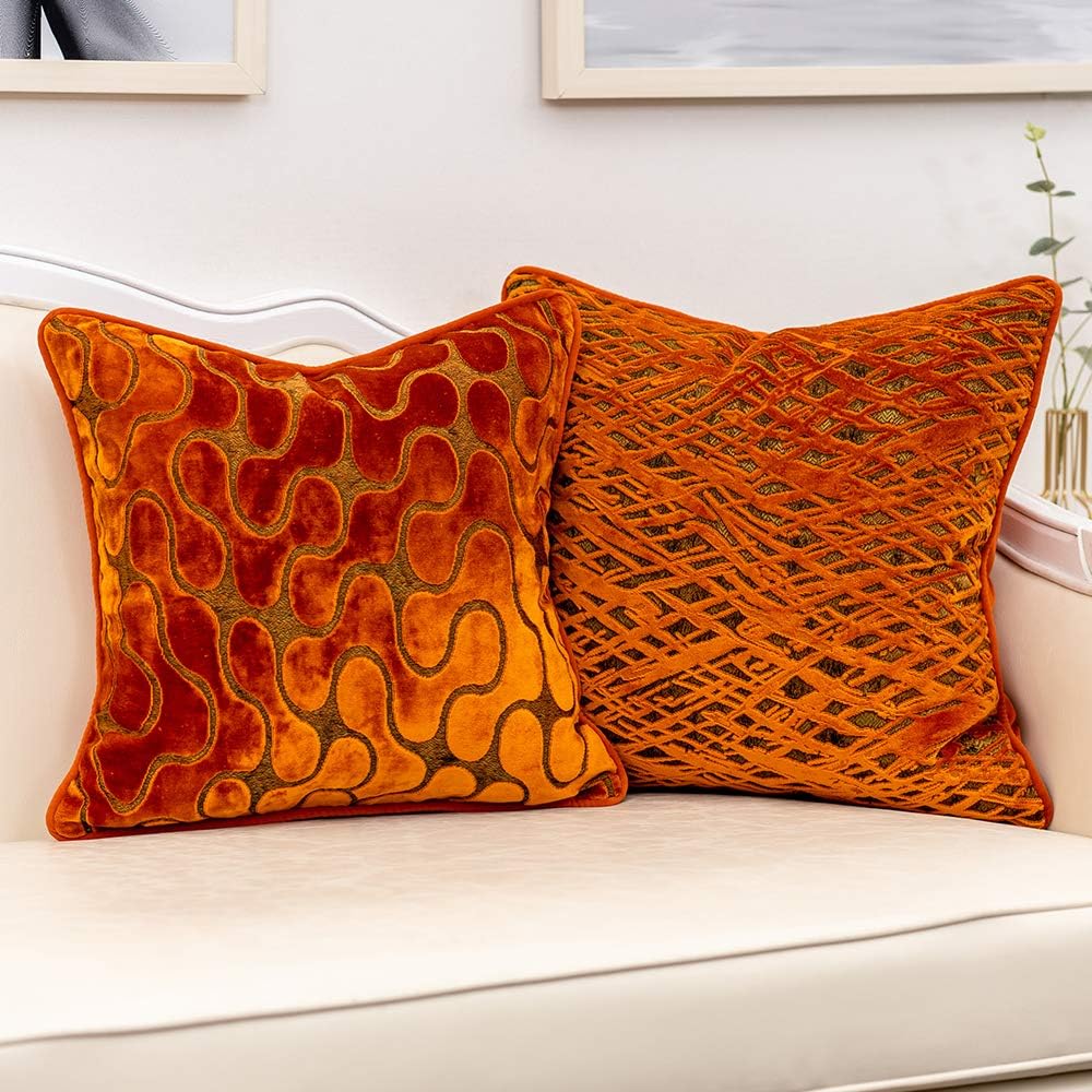 Orange Square Throw Pillow Cover Wavy Velvet Cushion Cover Modern Zippered Pillowcase, 20 x 20 Inch