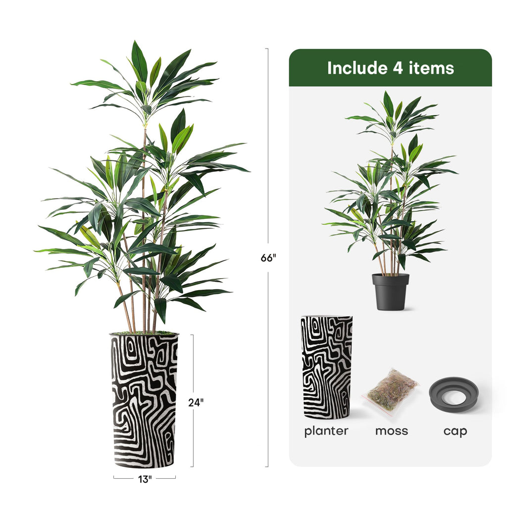 Artificial Tree in Modern Geometric Pattern Planter, Fake Dracaena Tree Silk Tree for Indoor and Outdoor Home