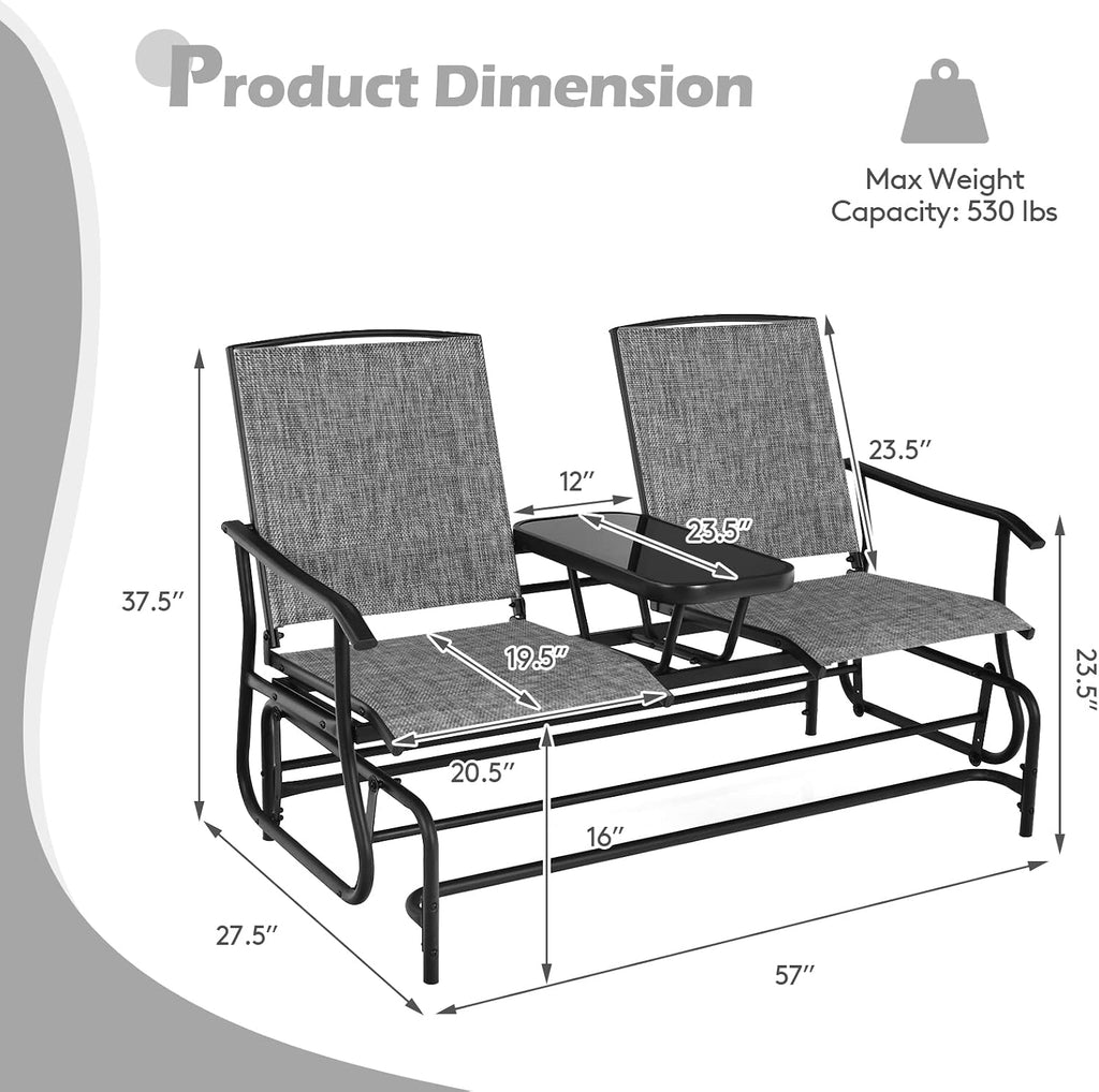 2 Person Outdoor Glider Bench w/Tempered Glass Table, Swing Patio Glider Chair with Steel Frame & Breathable Seat