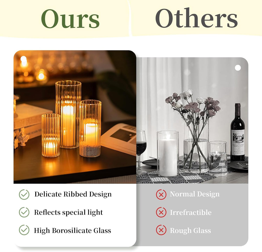 Ribbed Glass Candle Holder, Cylinder Candle Holders for Pillar Candles, Clear Hurricane Candle Holder Set of 6