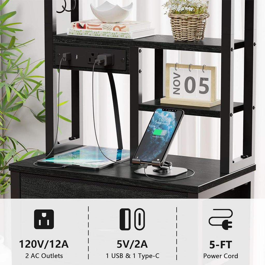 Tall Nightstand, LED Night Stand with Charging Station and USB Ports, 4 Fabric Drawers and 4 Tier Storage Shelf