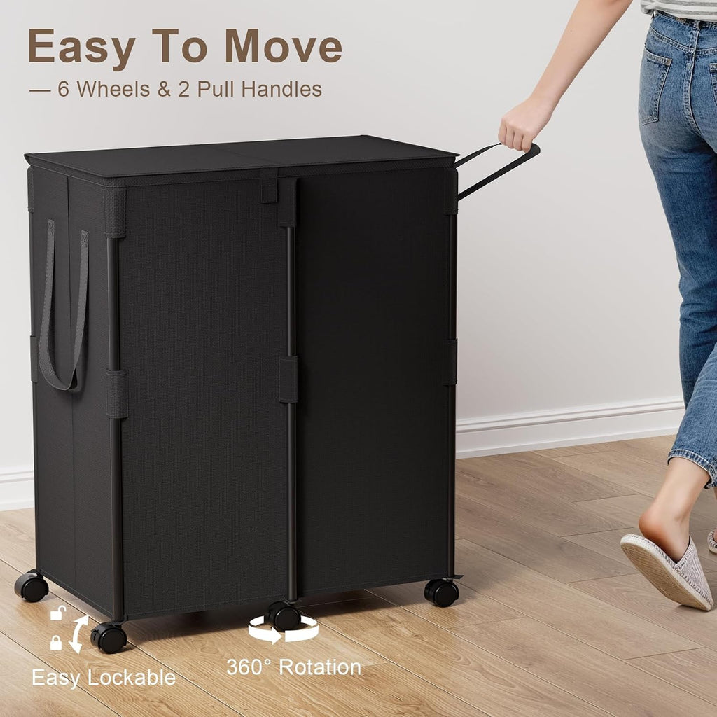 140L Double Laundry Hamper with Lid and 6 Wheels, Rolling Laundry Basket | Metal Frame Laundry Sorter 2 Section with