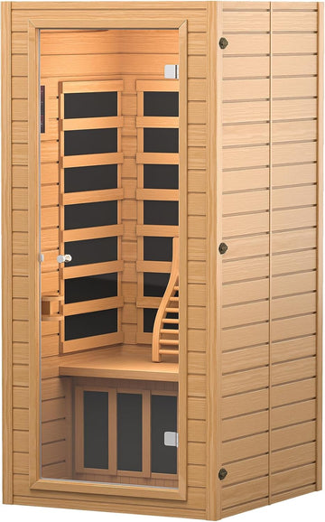 Far Infrared Sauna, Low EMF 1 Person Sauna, Indoor Canadian Hemlock Wood Home Dry Saunas Room with 1400W