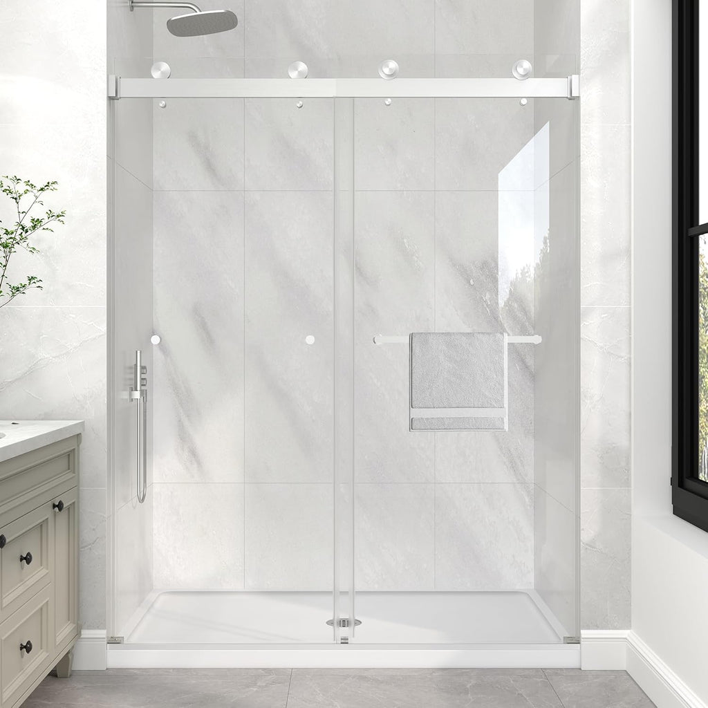 Frameless Shower Door, 55-60" W x 76" H Double Sliding Glass Shower Door