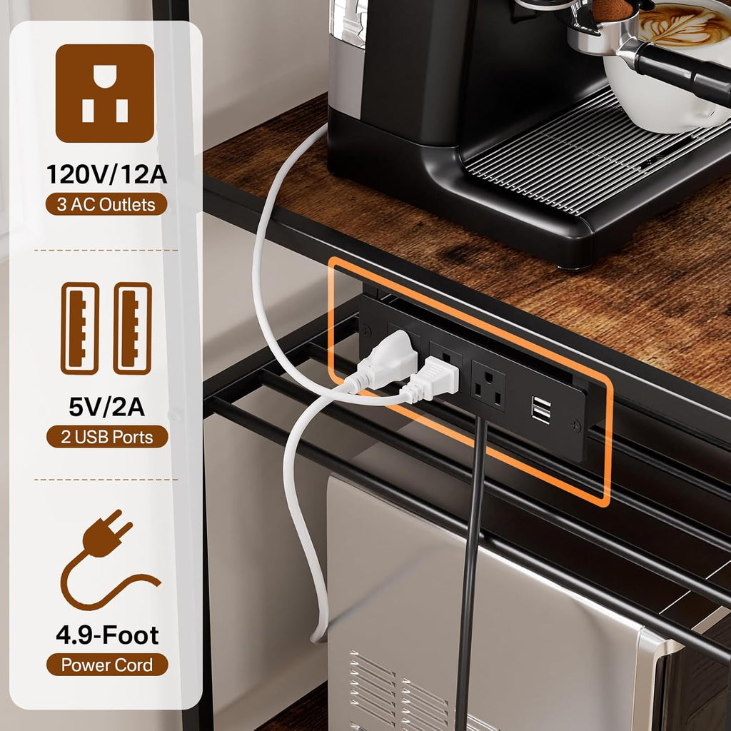 Kitchen Shelf Bakers Rack with Power Outlet, Mini Fridge and Microwave Stand Coffee Bar Table with S-Hooks, Storage