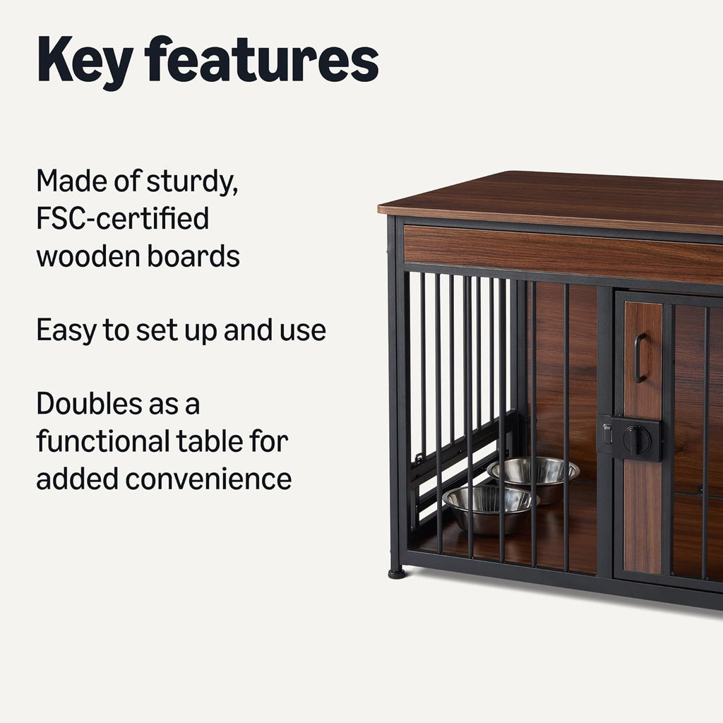Furniture Style Dog Crate, Sturdy Wooden Pet Kennel, End Table with Space for Pet, Two Bowls Included