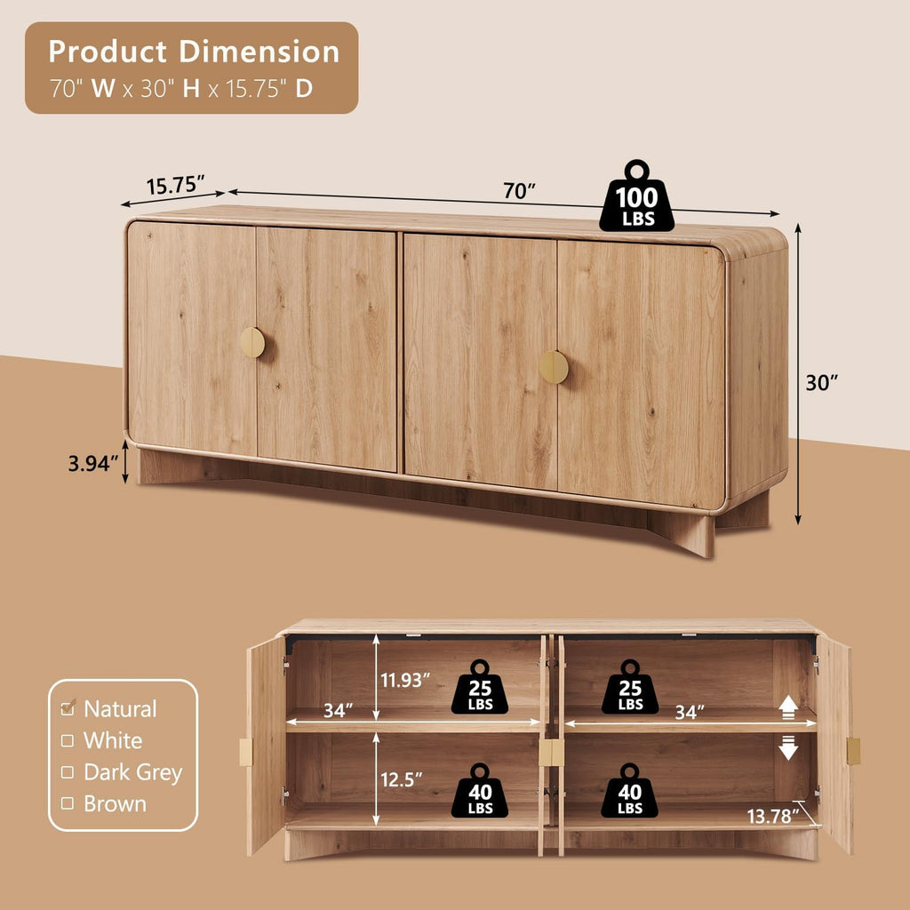 Modern Buffet Cabinet with Storage, 70" Large Sideboard Buffet Storage Cabinet with 4 Doors and Adjustable Shleves