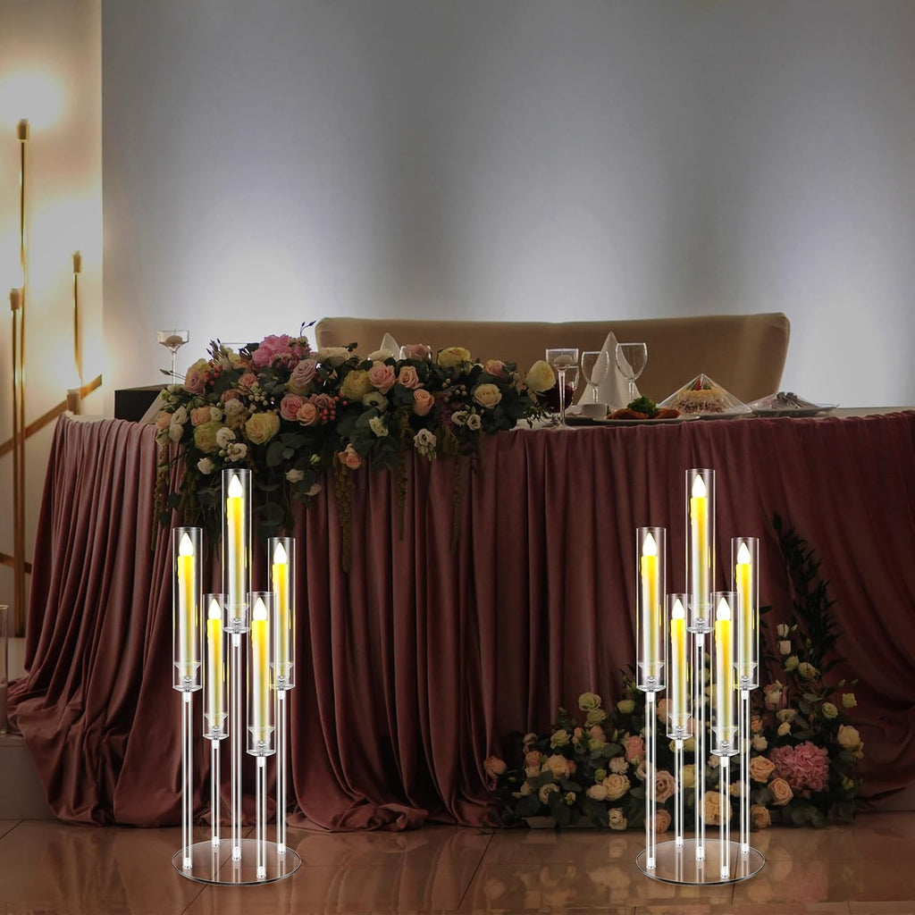 4 Sets 5 Arm Acrylic Candelabra Holderar Candle Centerpieces with LED Candles and Shade for Proposal Ceremony
