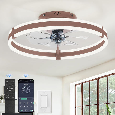 Ceiling Fans with Lights and Remote, 19.7'' Low Profile Ceiling Fan, 3000-6000K Dimmable Modern Flush Mount LED Fan Light, 6 Wind Speeds, Brown Fandelier Ceiling Fans for Bedroom A101-B0F1CCS35J