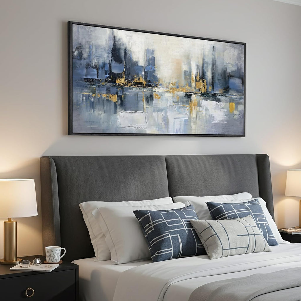 Framed Blue Abstract Wall Art , Extra Large Modern Cityscape Canvas Artwork for Walls, Horizontal Contemporary
