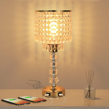 Crystal Table Bedside Lamp Touch Control, 3-Way Dimmable Small Nightstand Lamp with 2 USB Charging P