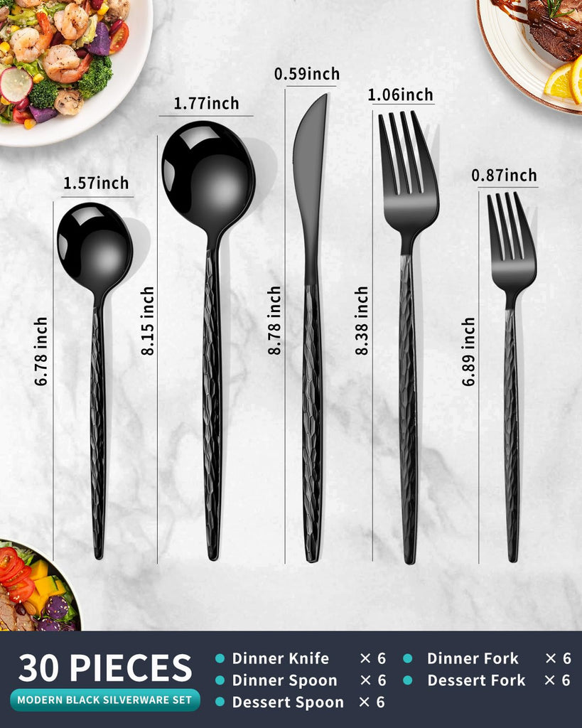 Hammered Black Silverware Set,30 Piece Stainless Steel Flatware Set for 6,Modern Cutlery Set,Includes Spoon Fork