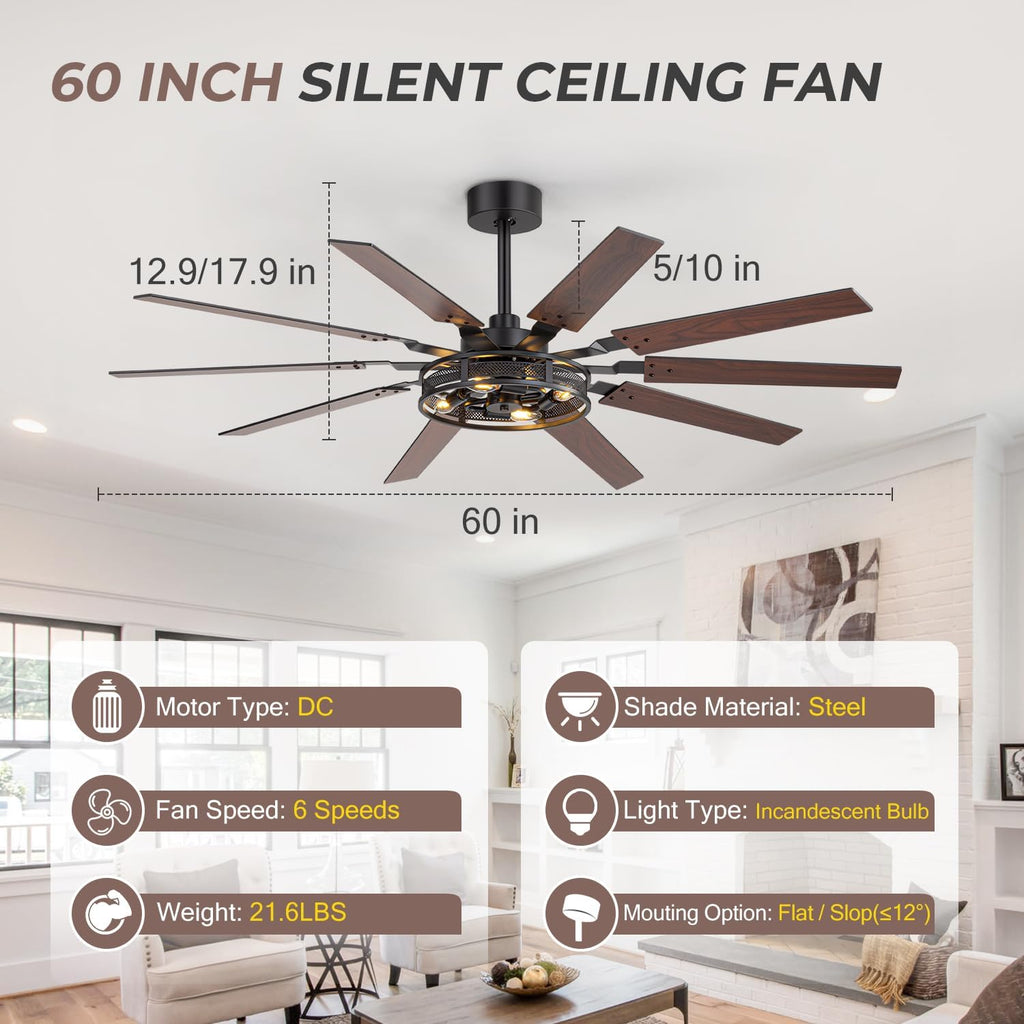 60 Inch Farmhouse Ceiling Fans with Rustic Lights, Caged Ceiling Fans with Remote
