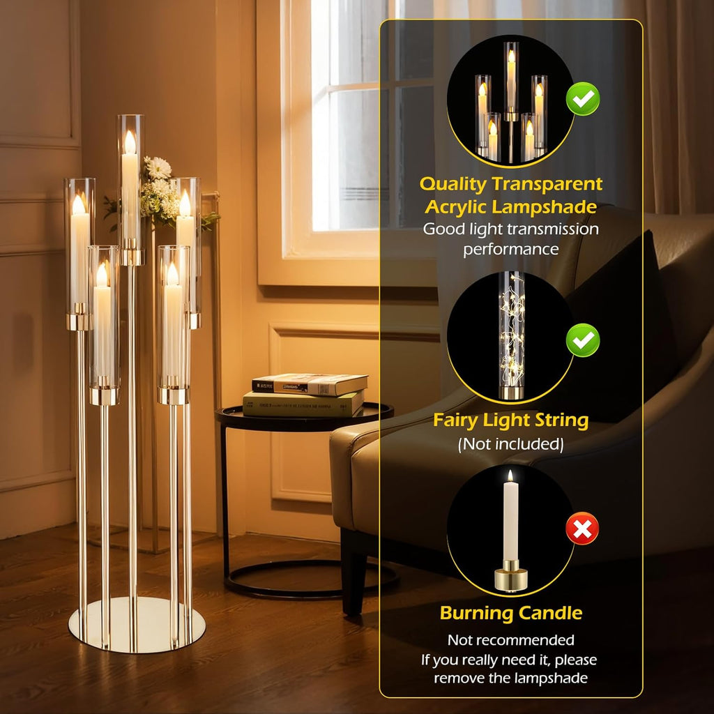 Gold Candelabra 4 Set 34.6'' Tall Candelabras Centerpieces for Tables, 5 Arm Candle Holders Centerpiece with Acrylic
