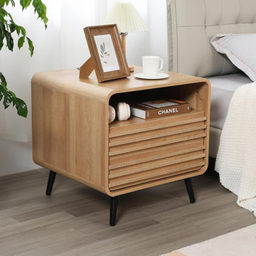 Modern Nightstand with Charging Station, 24" Night Stands with 2 Drawers, Wood Fluted End Table with Storage, Oak