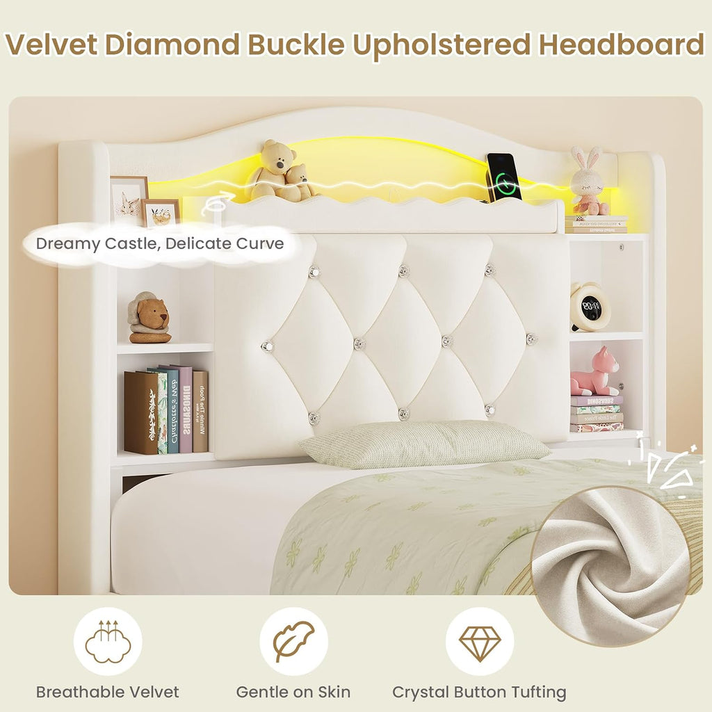 Twin Size Bed Frame for Kids with Storage Drawers, Bookcase Headboard, LED Lights and Power Outlets, Diamond Tufted