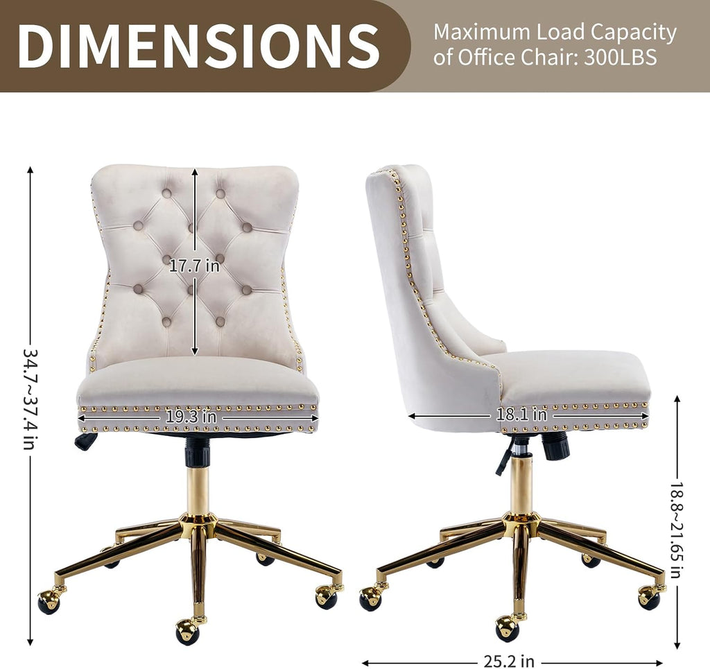 Velvet with Wheels and Gold Base, Armless Desk Chair with Tufted Back, Adjustable Height Swivel Vanity Chair