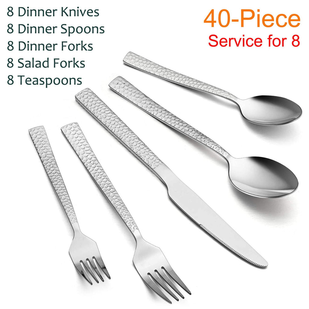 Hammered Silverware Set for 8, 40 Pcs Stainless Steel Flatware Set