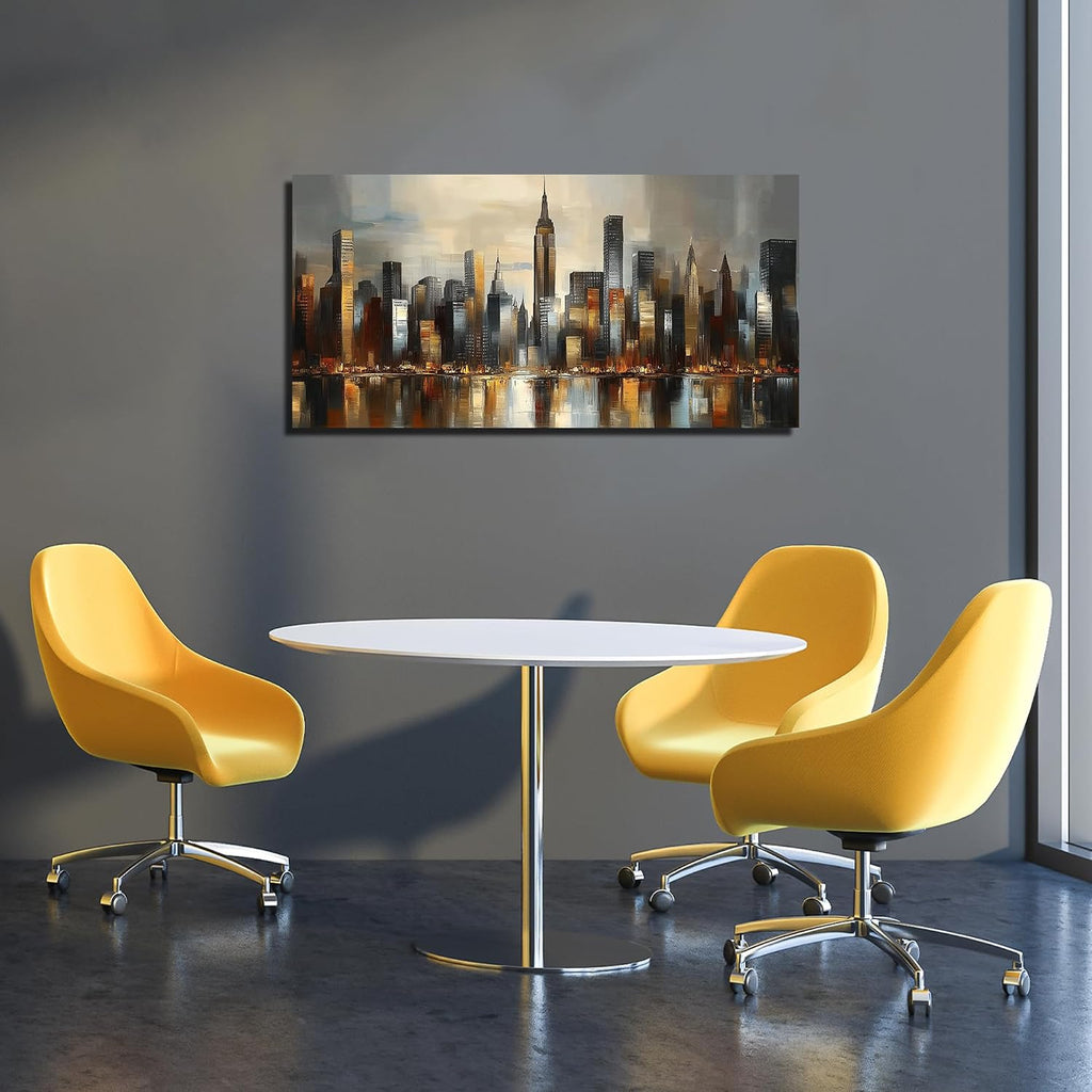 City Wall Art , Gold and Grey Wall-Decor , Modern Cityscape Poster Canvas Print
