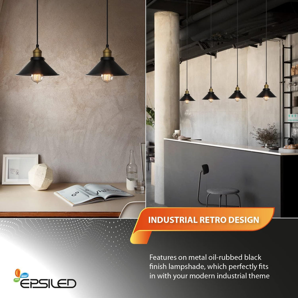 Black Industrial Pendant Light, 9.84" Vintage Hanging Light Fixture, E27 Ceiling Lamp for Kitchen Island, Dining Room