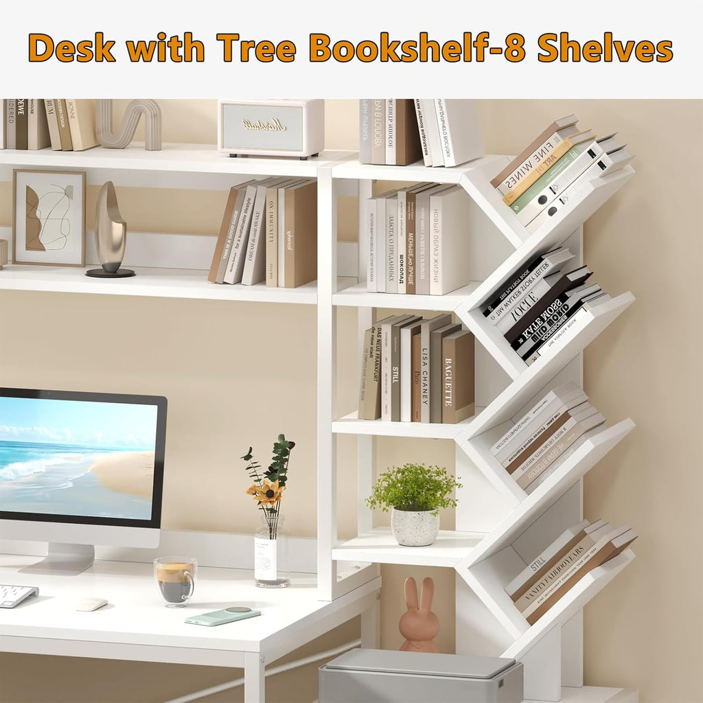 Reversible Computer Desk with Hutch, Home Office Desk with Drawers and Bookshelf